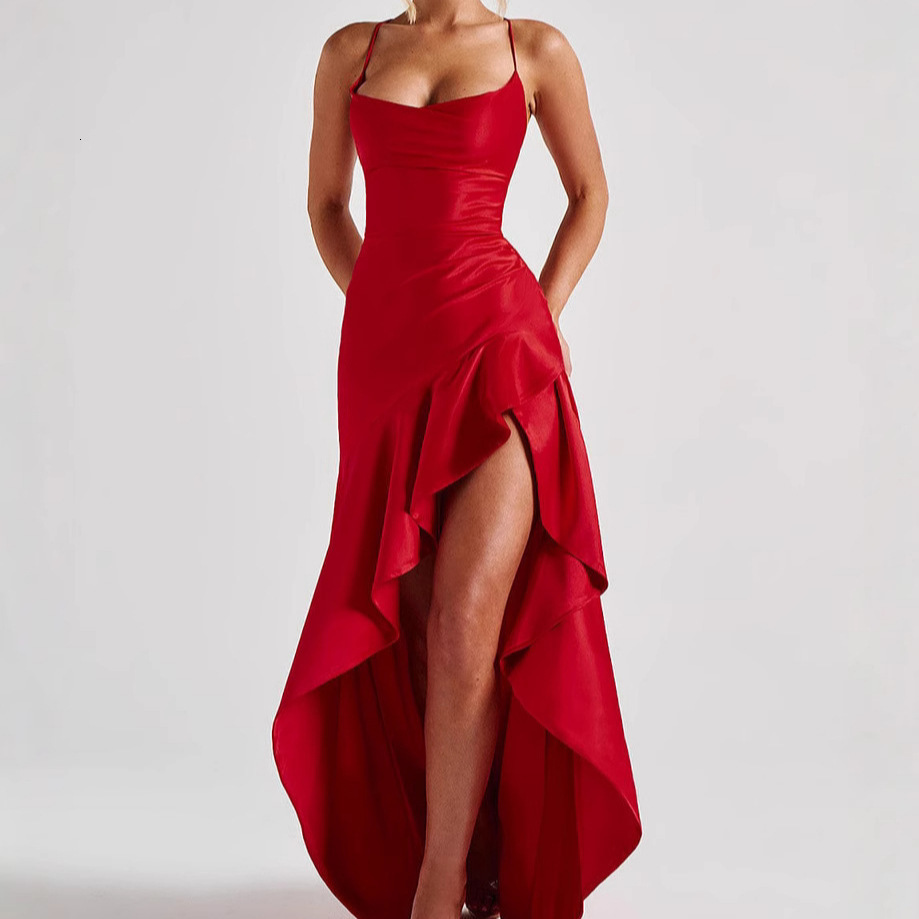 2025 Summer Sexy Womens Spaghetti Strap Backless Ruffle Irregular Dress Gown