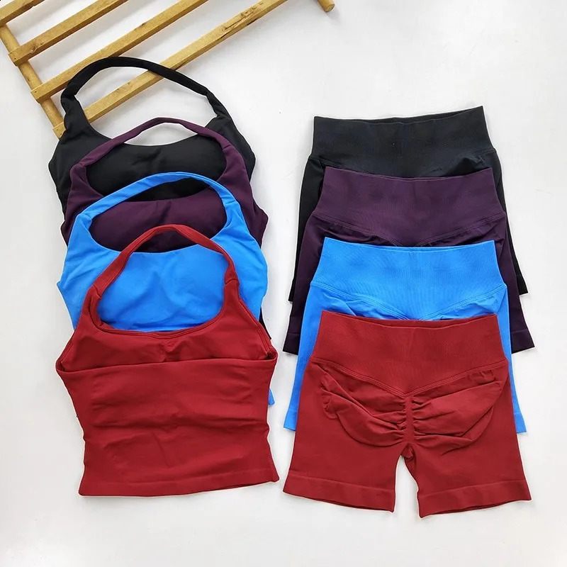 Yoga 2 Pieces Gym Set Women Backless Halter Tops High Waist Seamless Shorts Gym Suit Fitness Sports Bras Sportswear Workout Sets 260626 - view 1