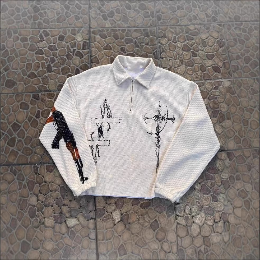American Street Style Autumn Winter Loose-Fitting Unisex Jacket With Gun And Letter Print Pattern - view 3