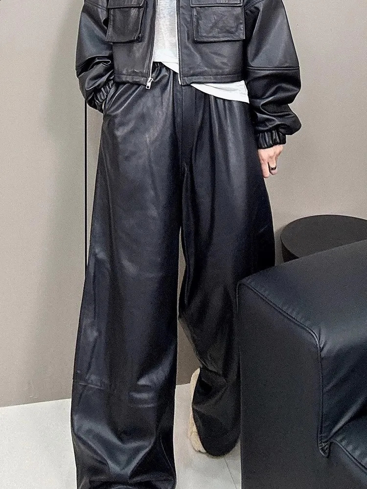 Autumn Women Casual Trousers Streetwear Sheepskin Genuine Leather Pants High Elastic Waist Fashion Female Wide Leg 260625 - view 5