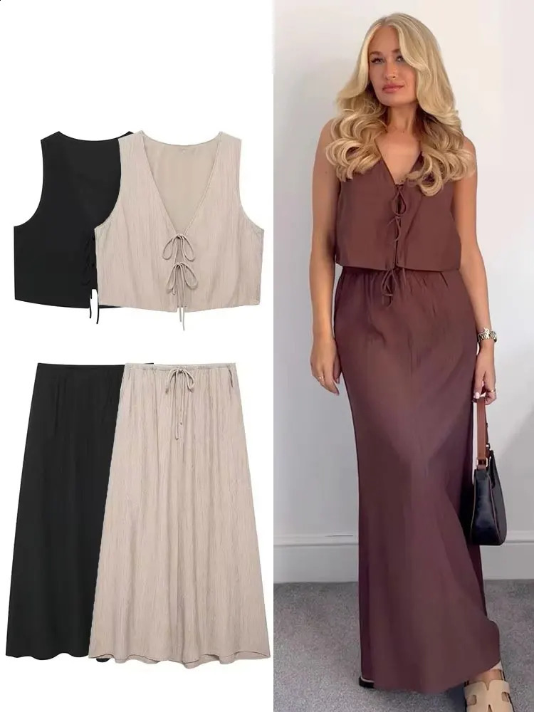 HH Women Vintage Solid Skirt Sets Bow LaceUp Short Vest Top Loose Drawstring Midi Skirts Summer Female Streetwear Outfit 260625 - view 3