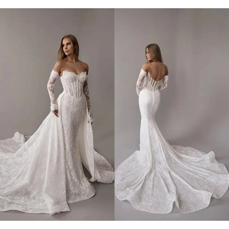 Lace Mermaid Wedding Dress With Detachable Train Long Sleeves Corset Boning Bridal Gowns Cat-eye Neckline Buttons Back Bride Formal Ceremony Vestdos D