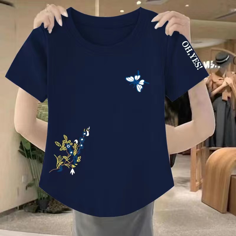 Women's Short Sleeve T-Shirt, Navy Blue Tie-Dye Butterfly Floral Print Top - Round Neck Petal Sleeves, Polyester Casual Korean Fashion Shirt with Pock