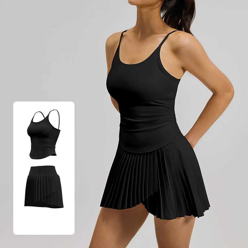 2 Womens 2026 Piece New Yoga Sets Fixed Shockproof Bra Pads U-Neck Tank Top Pleated Tennis Skirt High Stretch Casual Sportswear M260626 - view 4
