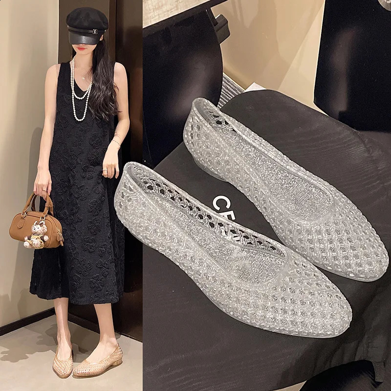 Women Hollow Grid Glitter Jelly Flat Shoes Breathable Slip On Sandals Non Summer Daily Beach Casual Walking Flats 260626 - view 5
