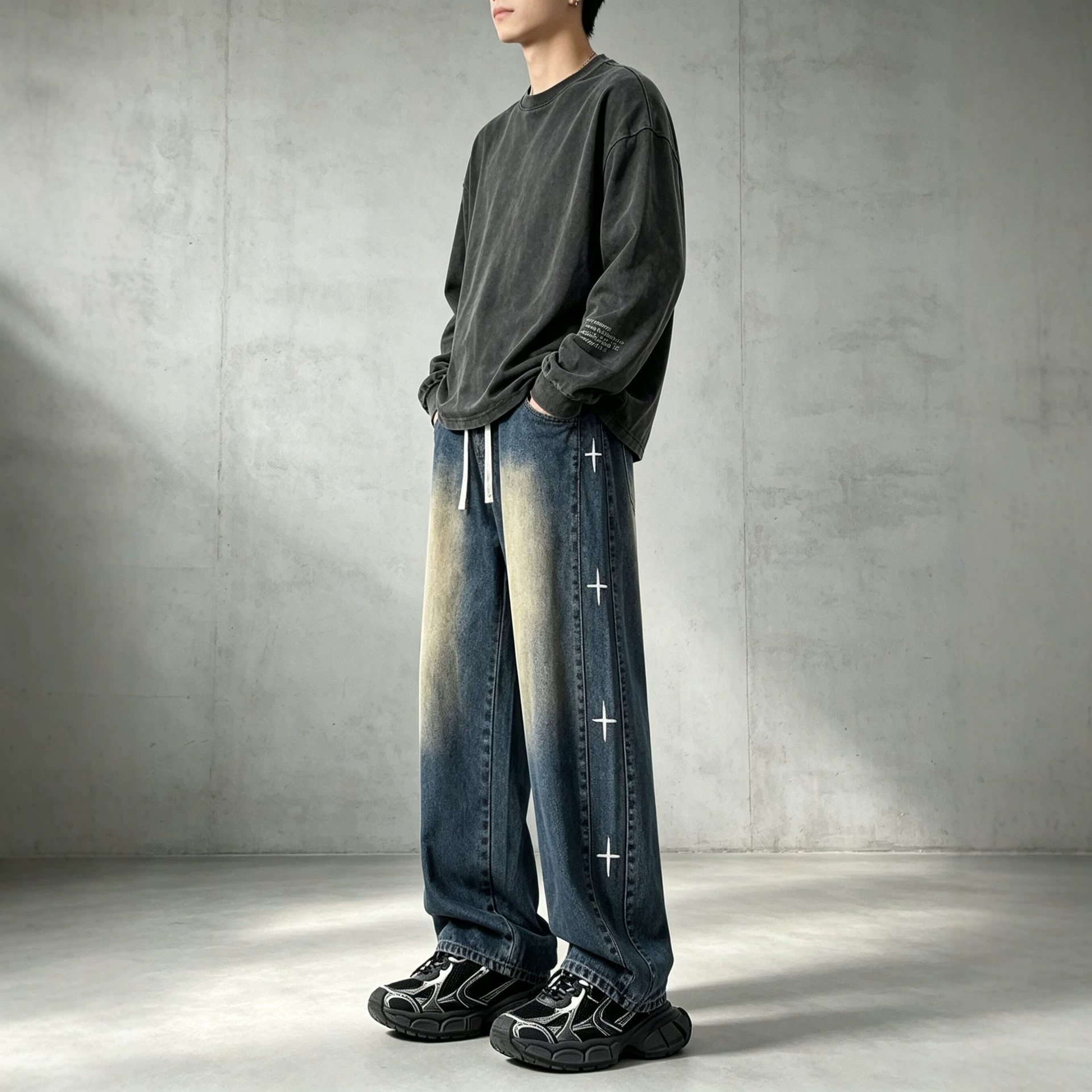 Exclusive Men's Pants Star-Embroidered Jeans, American Hip-Hop Style, Summer Thin Loose Straight-Leg Trousers Embroidered Jeans Straight Leg Pant - view 5