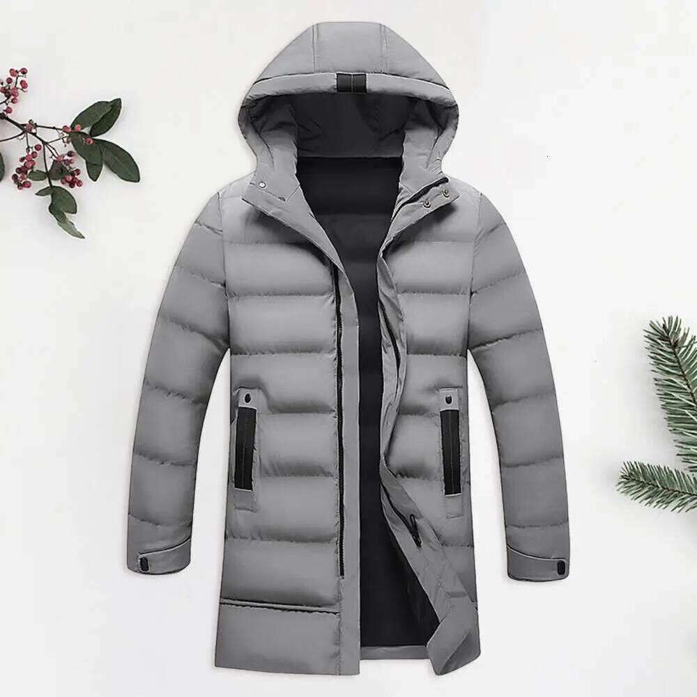Zippered Men's Hooded Cotton Down Jacket with Long Sleeves Pockets Solid Color Thickened Casual Outwear for Winter W260626 - view 3