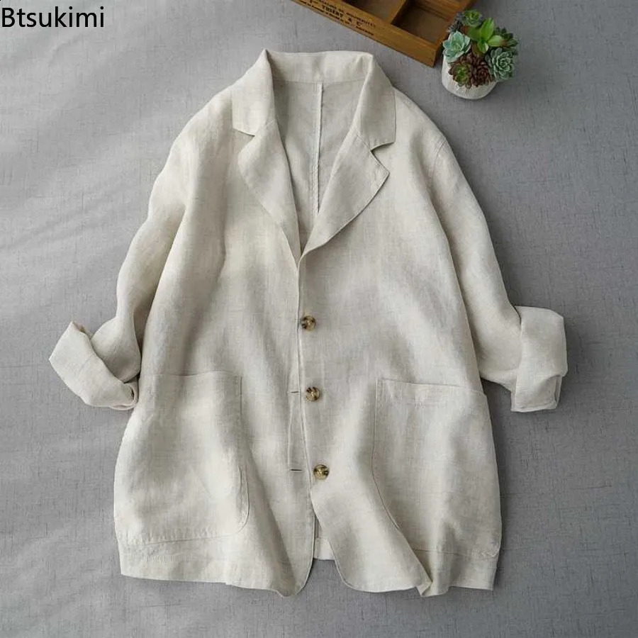 Spring Summer Linen Suit Jackets Womens Casual Simple Long Sleeve Single Breasted Blazers Comfortable Loose Thin Coats Tops 260626