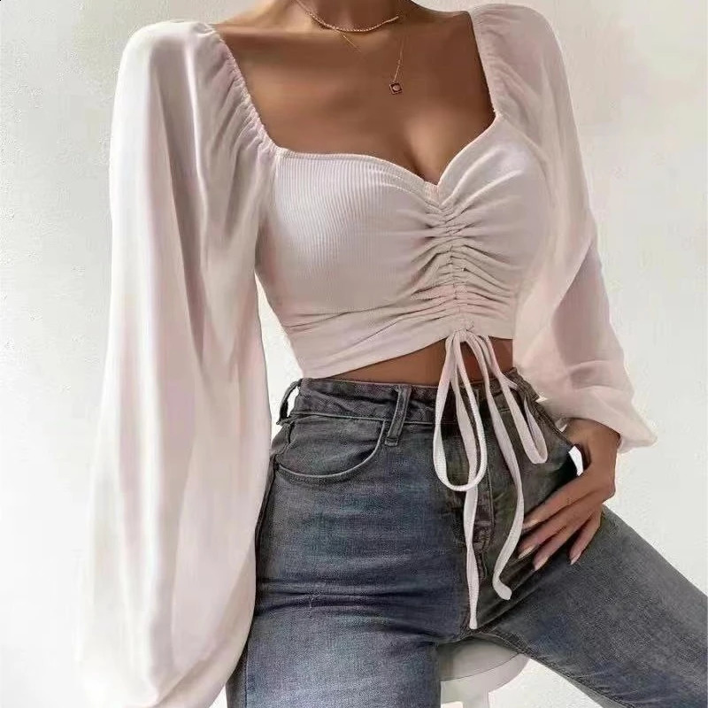 Womans Tops Puff Sleeve Sexy Close-Fitting Summer and Spring Lace up V-neck Fashion Solid Color Simple Long Sleeve 260626 - view 7