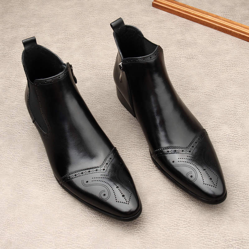 Men Winter Warm Wool Lined Chelsea Ankle Boots Genuine Leather Side Zipper Pointed Toe Brogue Dress Boots Formal Business Wedding Leather Boots For Ma - view 4