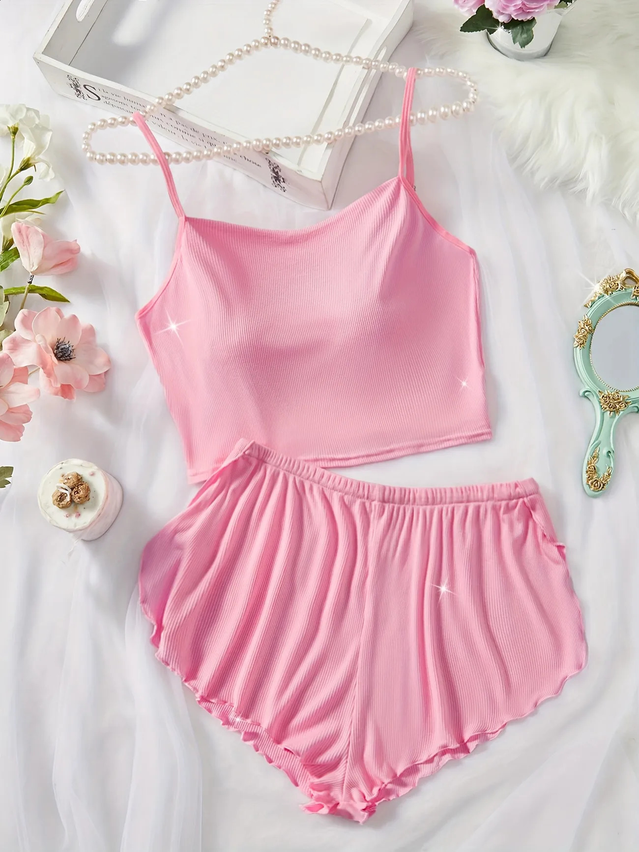 Womens Pajama Set Solid Color Camisole Crop Top and Ruffle Shorts Sleeveless Soft Sleepwear Summer Loungewear Outfit 260625 - view 7