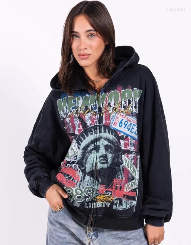 Women's Hoodies American Trendy High Street Retro Washed Vintage Printed Zip-Up Hoodie Loose Long-Sleeve Cardigan Sweatshirt - view 6
