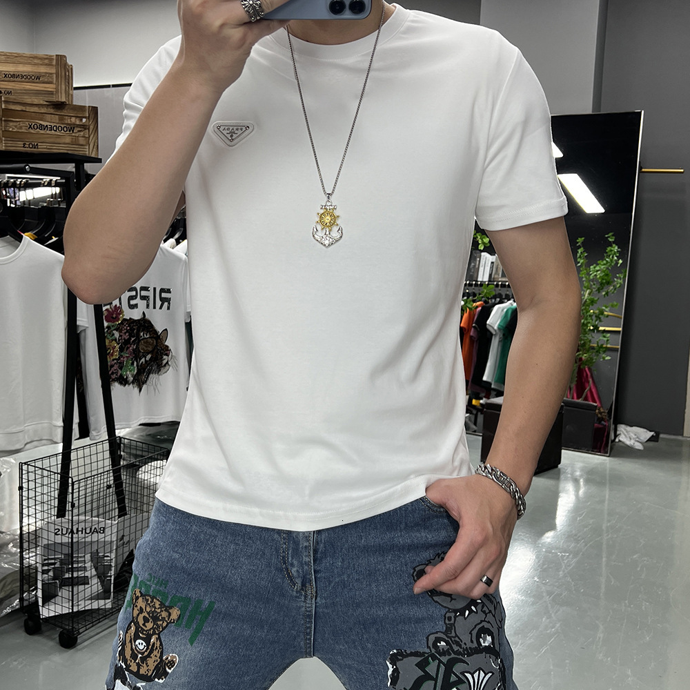 Summer New Style Men's Short-Sleeve T-Shirt With Triangular Logo, Round Neck, Slim Fit, Mercerized Cotton, Fashionable And Simple Half-Sleeve Tee - view 4