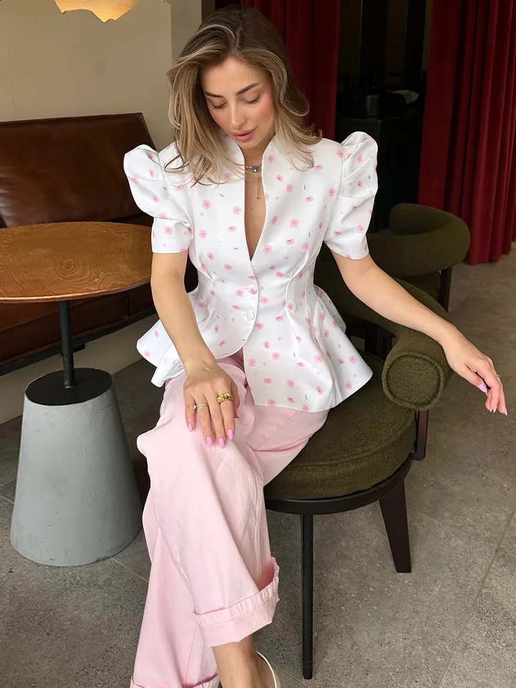Floral Print Pleated Waist Peplum Blazer Slim Puff Short Sleeve 2026 Summer Fresh Women Suit Top Versatile Gentle Lady Tee 260626 - view 4