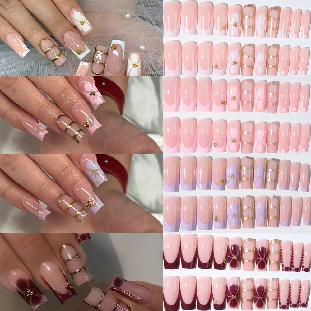 96Pcs4Mixed3D Three-Dimensional Gelnail Makes Flower Nails With Faux Pearl Decorate n Square French Tip Press On Nails Lo 260626 - view 5