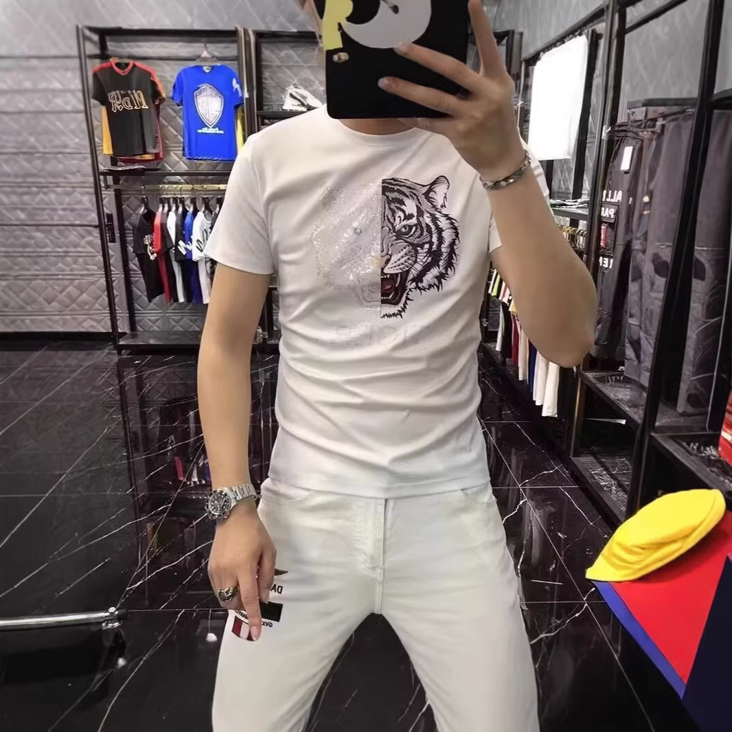 Summer High-End Men's Short-Sleeve T-Shirt New Tiger Head Design Light Luxury Rhinestone Trendy Versatile Fashion - view 3
