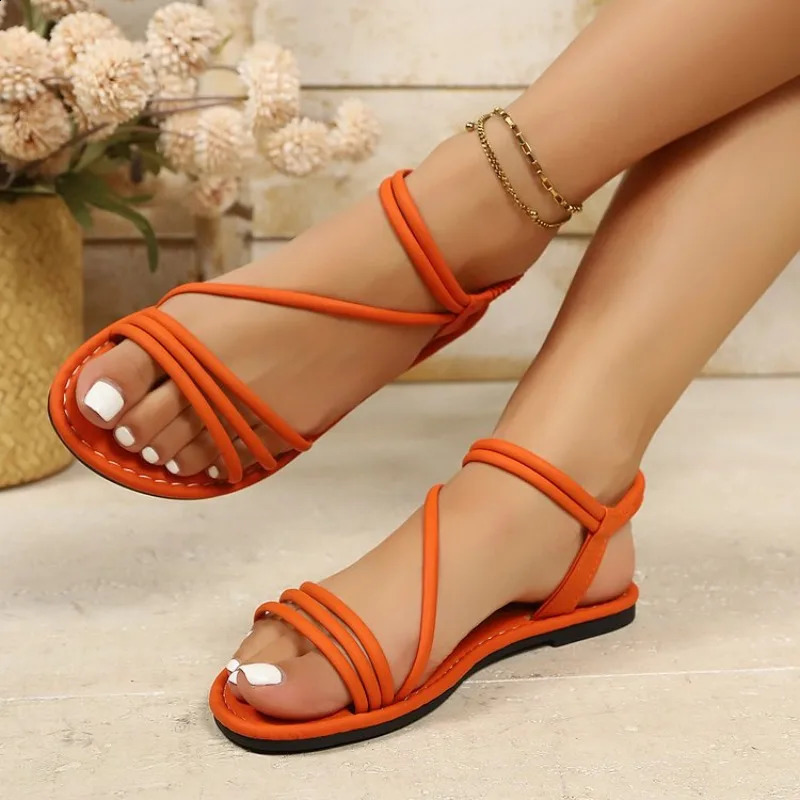 2026 Summer Flat Sandals for Women Elastic Ankle Strap Open Toe Beach Shoes Casual Comfortable Flip Flops Plus Size 260626 - view 4