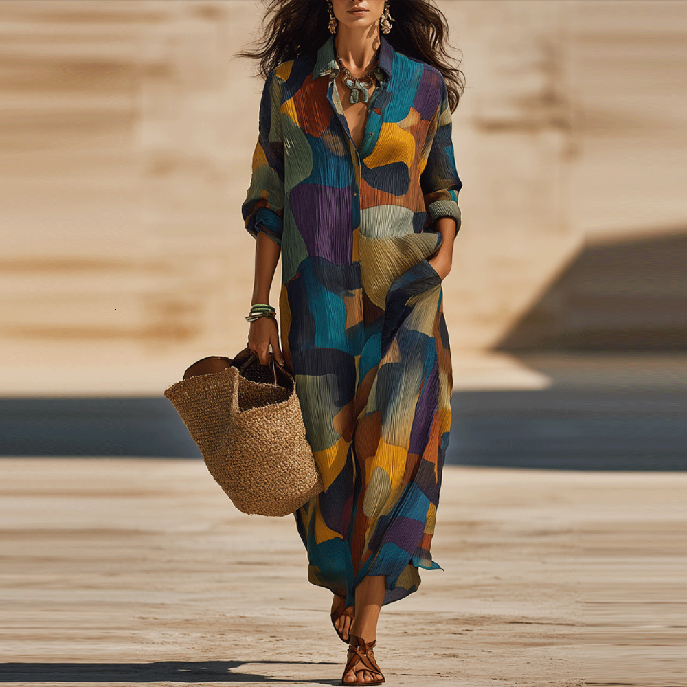 Preppy Printed Sundress for Women, Floor-Length Geometric Tie-Dye Shirt Dress with Lantern Sleeves, Sailor Collar, Natural Waist, Side Split, Polyeste - view 5