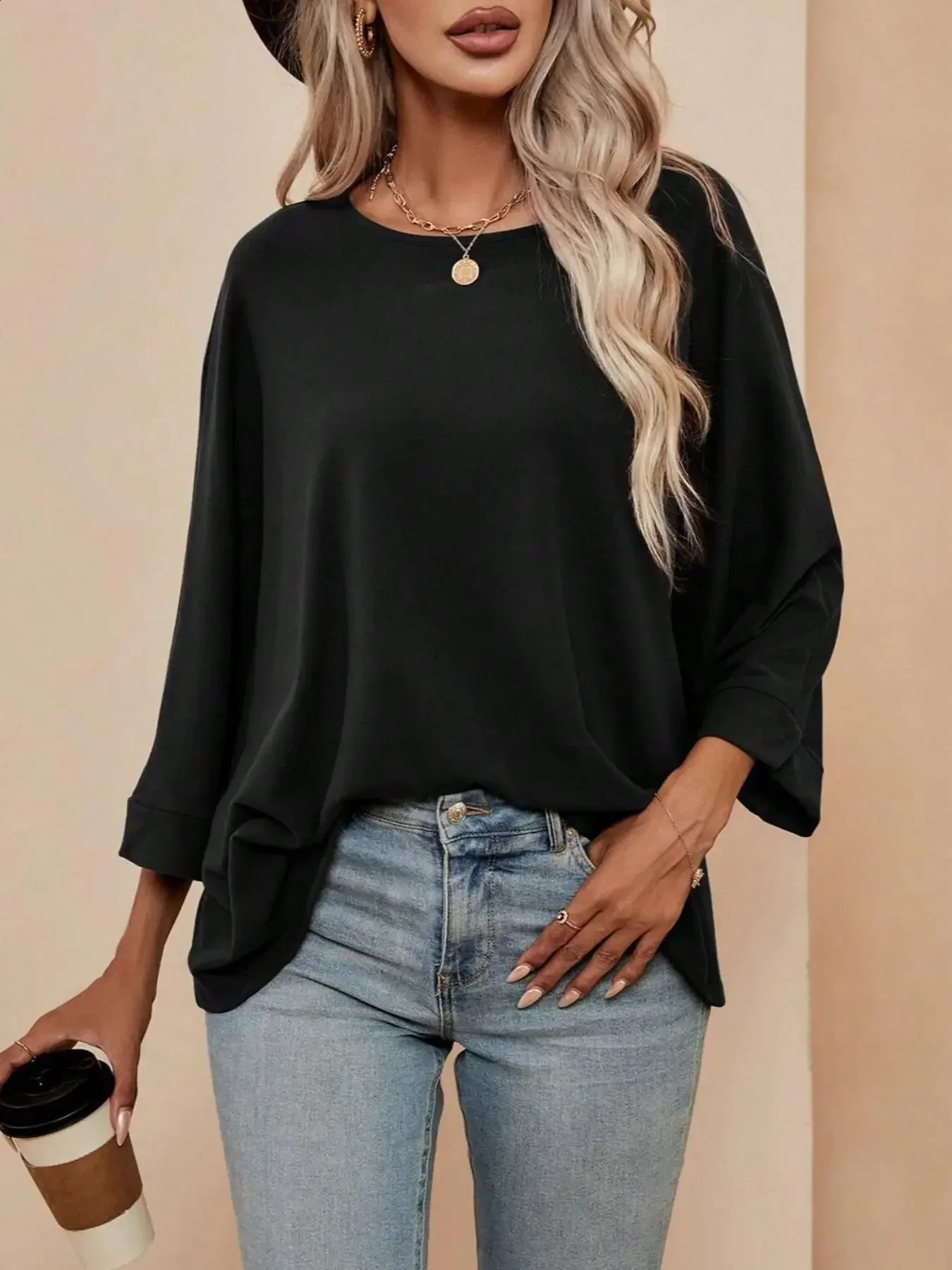 Plus Size Womens Fashionable Spring Autumn Long Sleeved T-shirt Ladies Casual O-neck Solid Color Bat Sleeve T-shirt Loose Tops 260626 - view 4