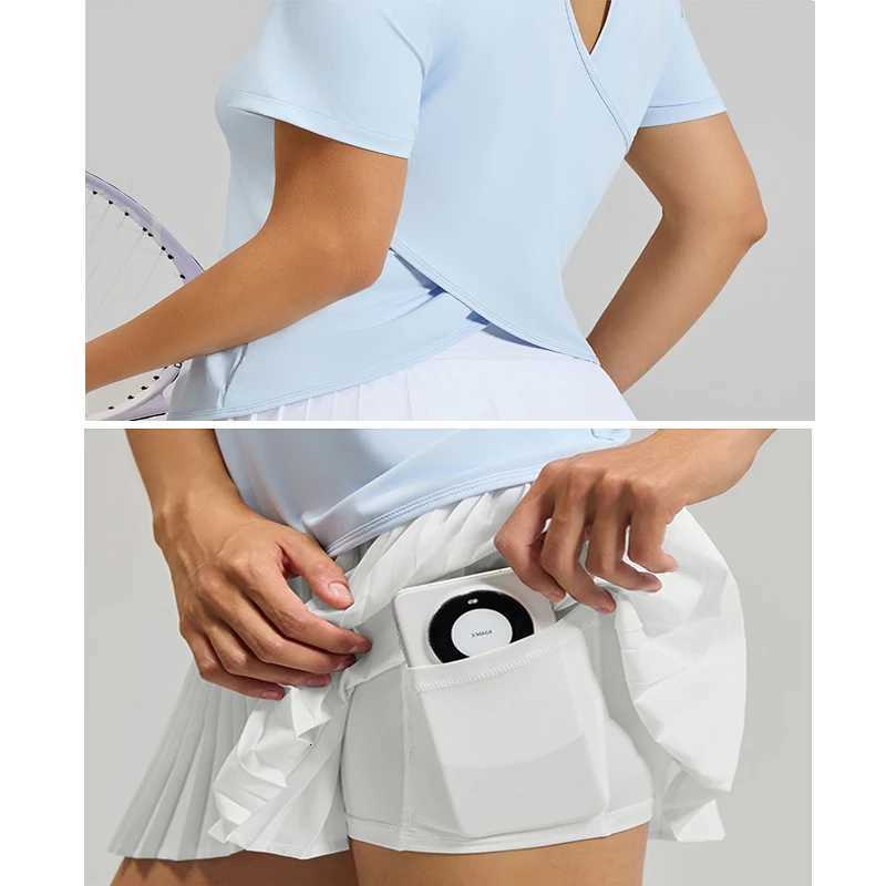 Womens Keyhole Activewear Fashion Set Crew Neck Short Sleeve Top Pleated Skort 2 Piece Yoga Sets Running Fitness Yoga Wear M260626 - view 7