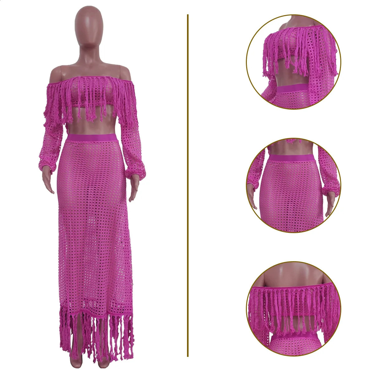 Skirt 2 Piece Set Women Beach Long Skirts Suit Top Off Shoulder Tassels Sexy Hollow Out Ensemble Summer Female Outfits 260625 - view 7