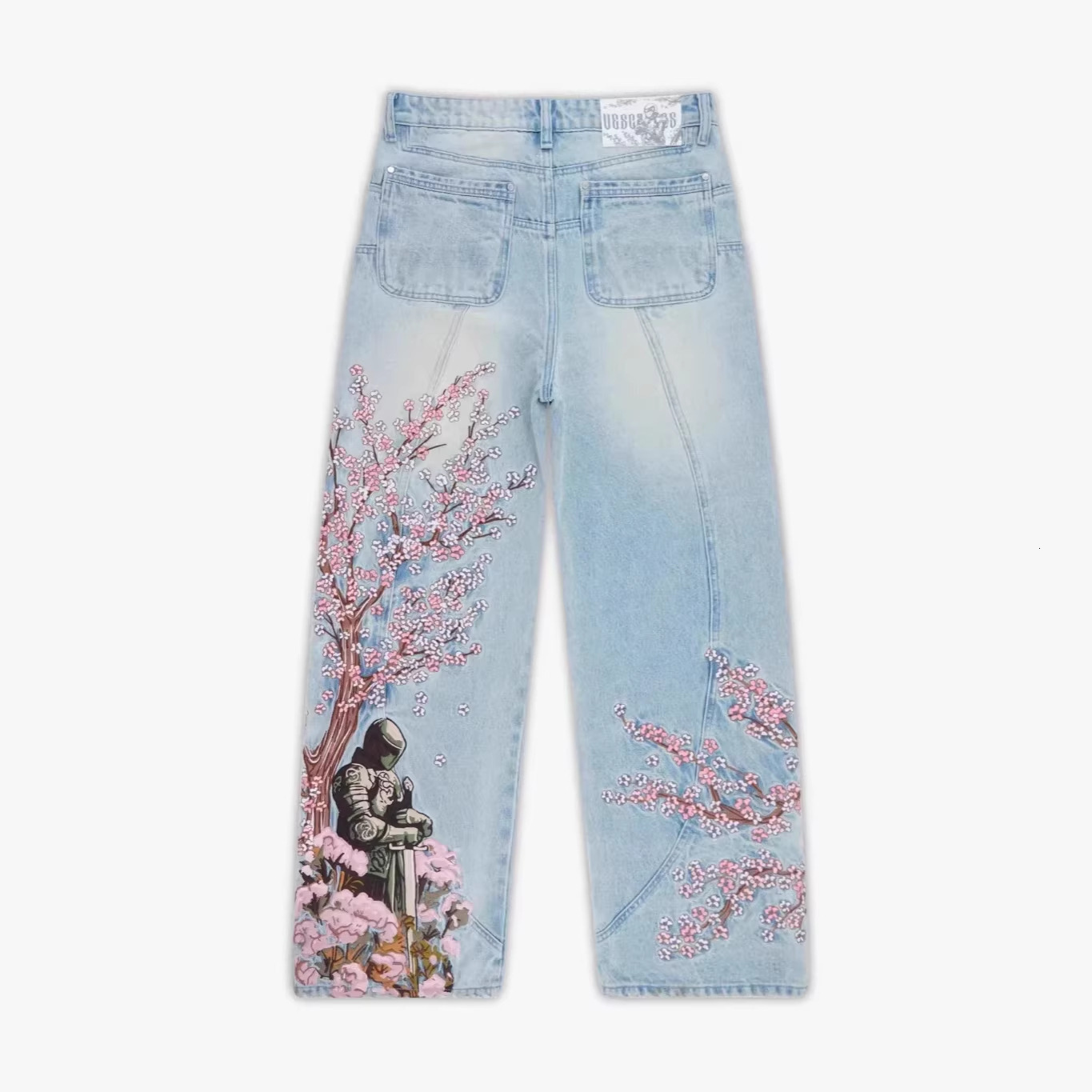Vescartes European And Popular American Retro Loose Jeans For Women With Cherry Blossom Embroidery, Versatile Wide-Leg Pants Embroidered Jeans Straigh