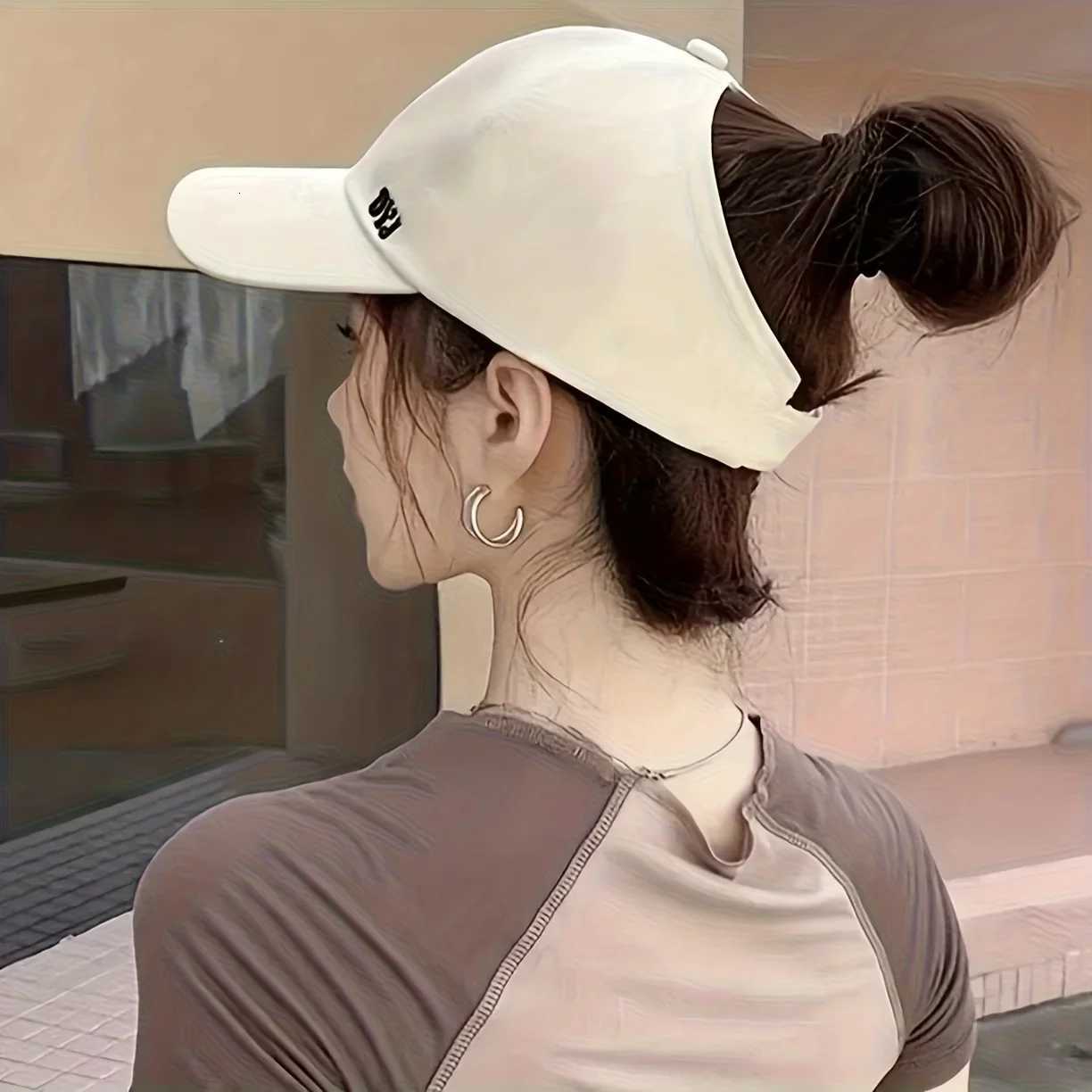 baseball Womens casual Ponytail hat with open top letter embroidery on the front of the hat opening design at the M260626 - view 4