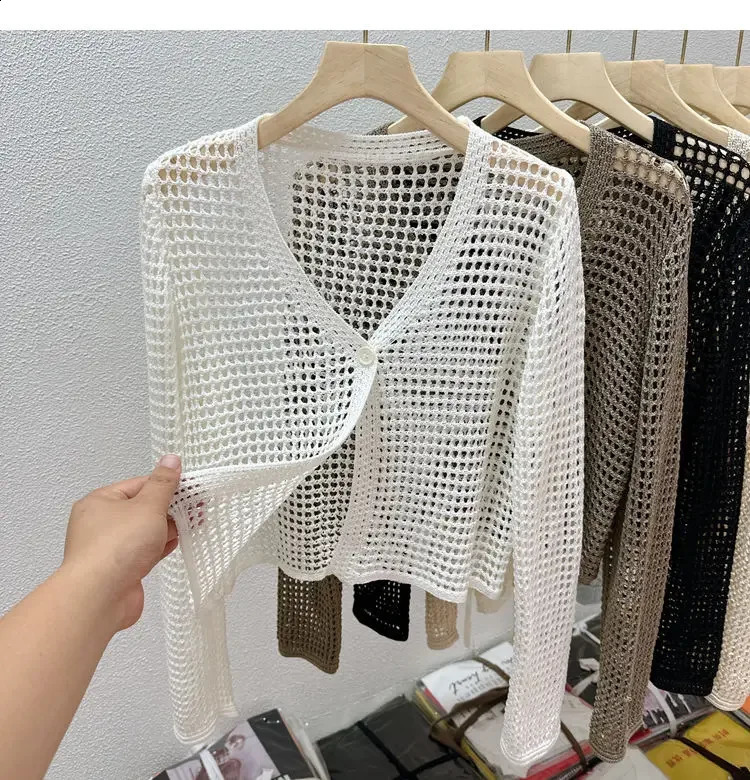 Single Button Crochet Mesh Cardigan for Women Semi Sheer Openwork Sunscreen Jacket Cover Up Summer Hollow-out Knitted Cardigan 260626 - view 6