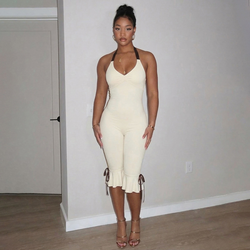 Summer Lace Up Halter Bow Y2K Jumpsuit Women Sexy V Neck Backless Bandage Skinny Party Club Rompers Beach Holiday Overall Outfit 260625