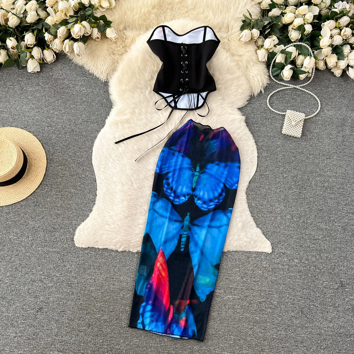 Womens Summer Sexy Lace Up Tight Sleevless Bra Top And Fashion n Print Mini Long Half Skirt Two Piece Set 260615 - view 5