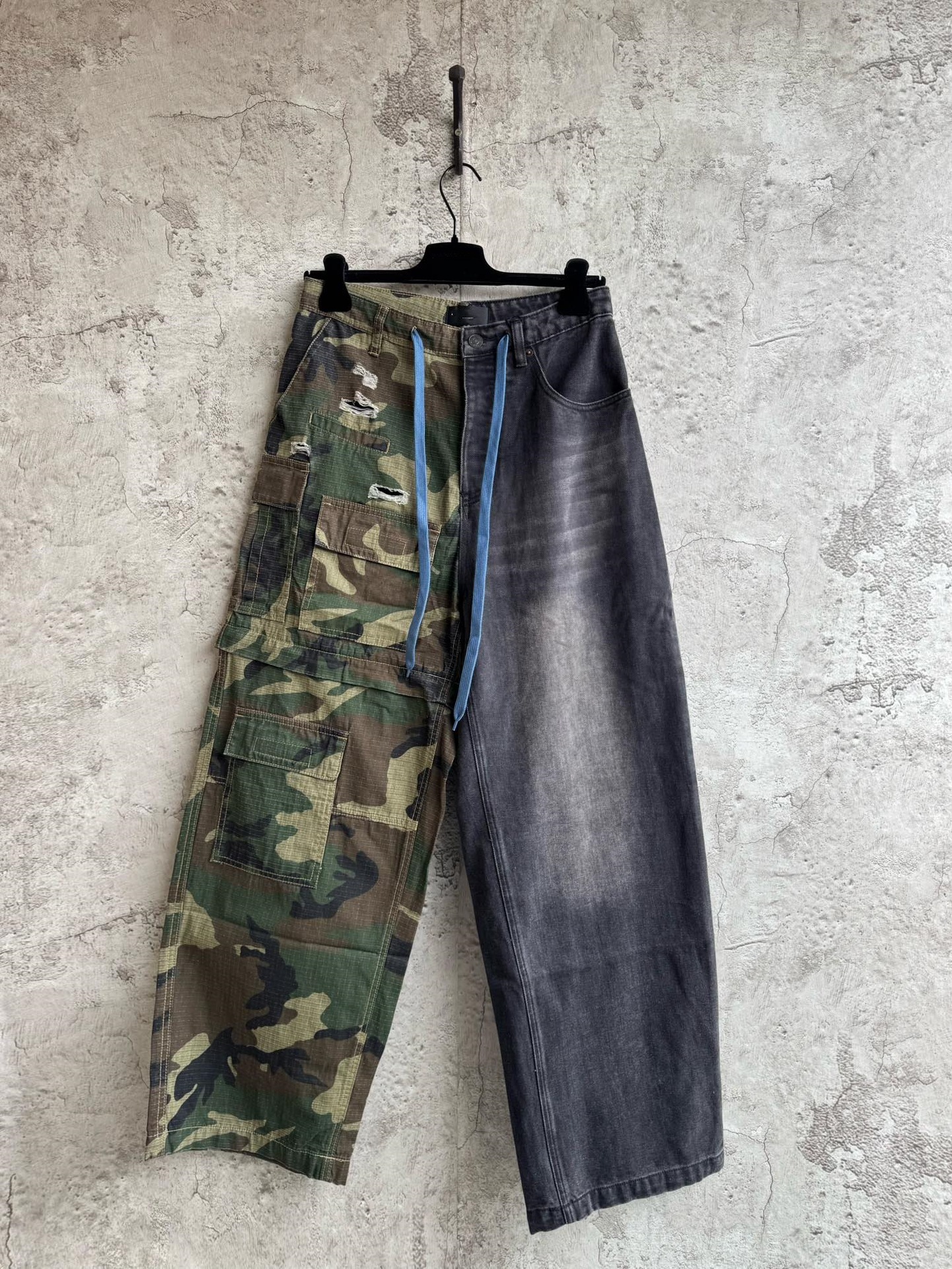 New Camouflage Spliced Cowboy Pants for Couples Personalized Casual Washable Wide Leg Jeans