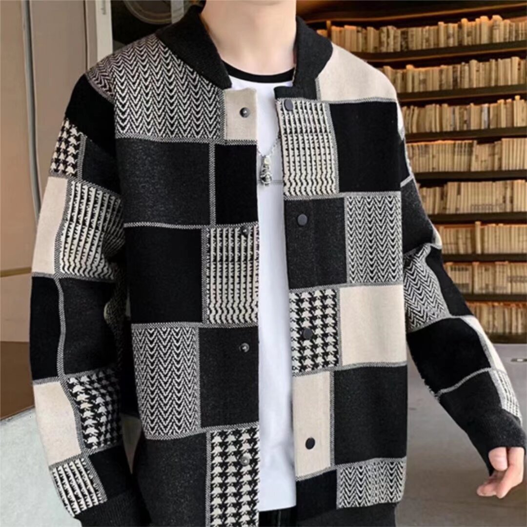 Plaid Knit Cardigan New Men's Japanese Style Trendy Loose Baseball Collar Casual Versatile Sweater - view 5