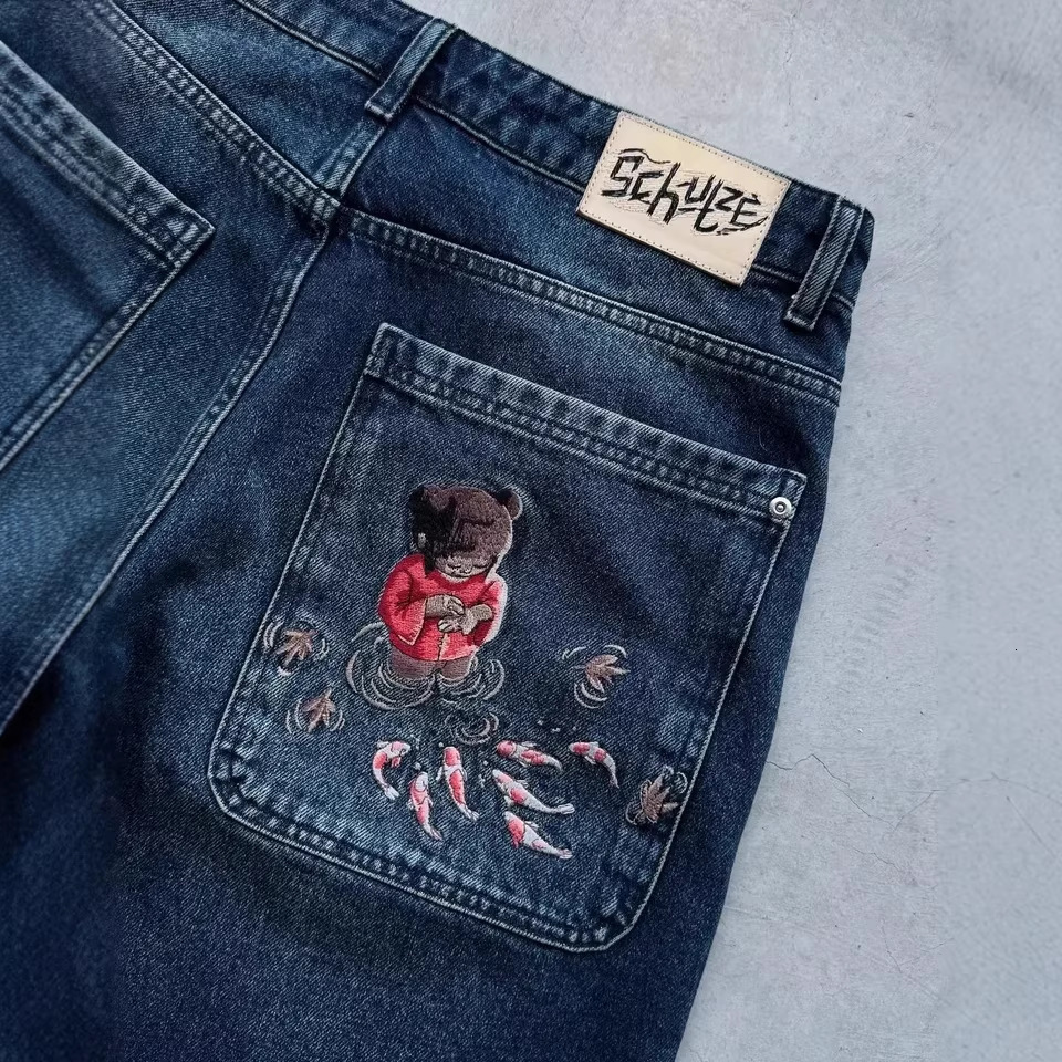 Derschutze Retro Street Hip-Hop Cartoon Pattern Pocket Embroidered Denim Shorts Versatile Embroidered Jeans Straight Leg Pants denim shorts - view 4
