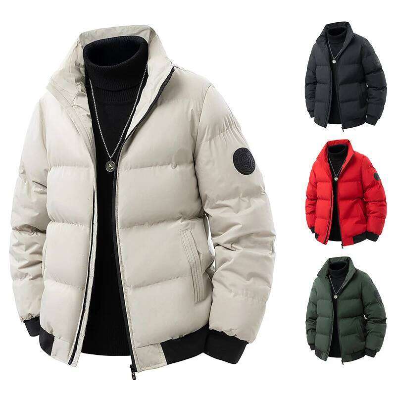 Men's 3D Quilted Puffer Jacket, Thickened Cotton Winter Coat, Stand Collar Warm Outerwear Cold Weather / Daily Wear J260626