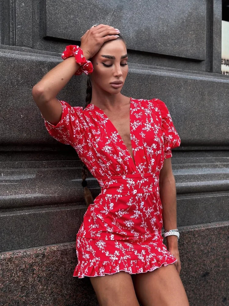 Women Rose Floral Print Mini Dress Fashion Vneck Puff Sleeve Waistband Ruffle Hem Casual Dresses 2026 Summer Lady Holiday Gowns 260625 - view 3