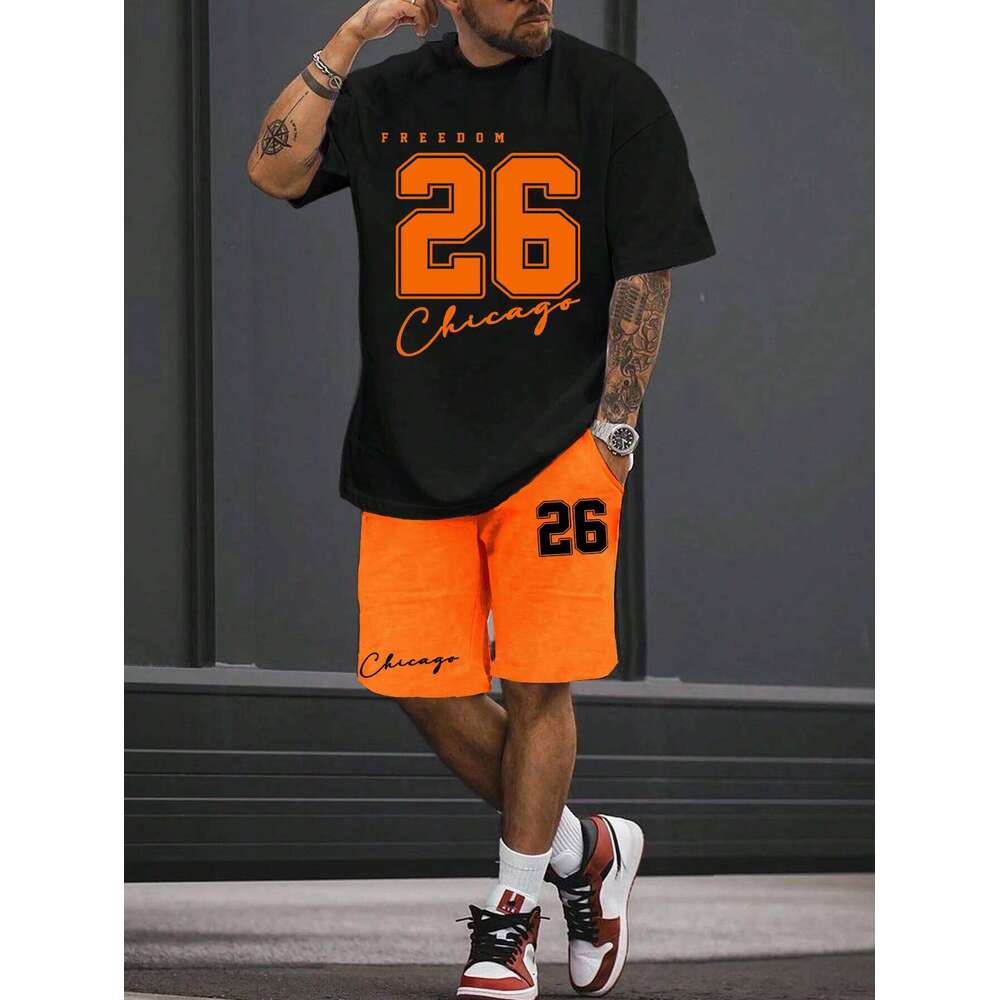 Short-sleeved summer men's suit simple fitted T-shirt letter print with the same printed shorts two-piece set 26Y0626 - view 3