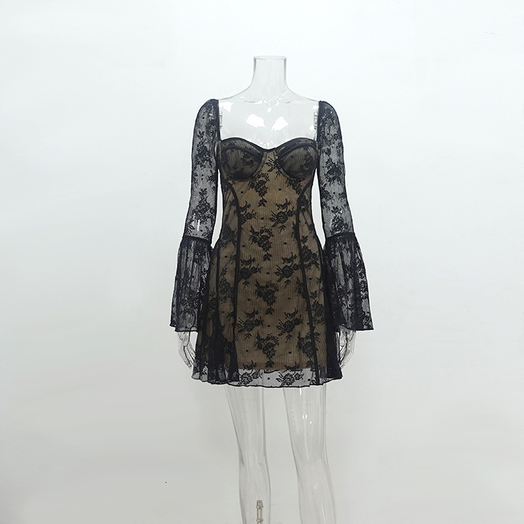 Womens 2026 Summer Dress New Style INS Elegant Lace Square Neck Slightly Flared Sleeves Waist-Cinching Bodycon Short Dress for Women - view 5