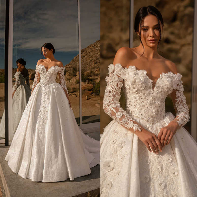 Glamorous A Line Wedding Dresses Off Shoulder Long Sleeve Flowers Appliques Bridal Gowns Arabic Robe De Mariage