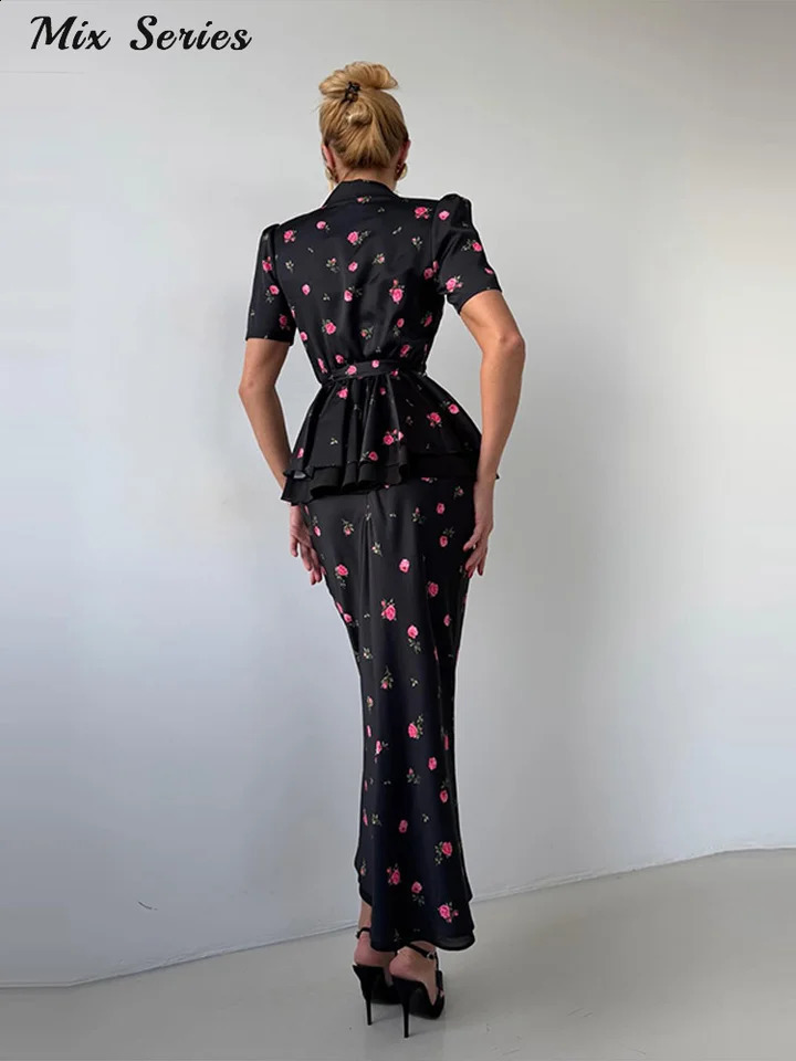 Elegant Printed Slim TwoPiece Set Womens Lapel Ruffle Hem Belt Top Floral Bodycon Skirt 2026 Summer Lady Structured Outfit 260626 - view 6