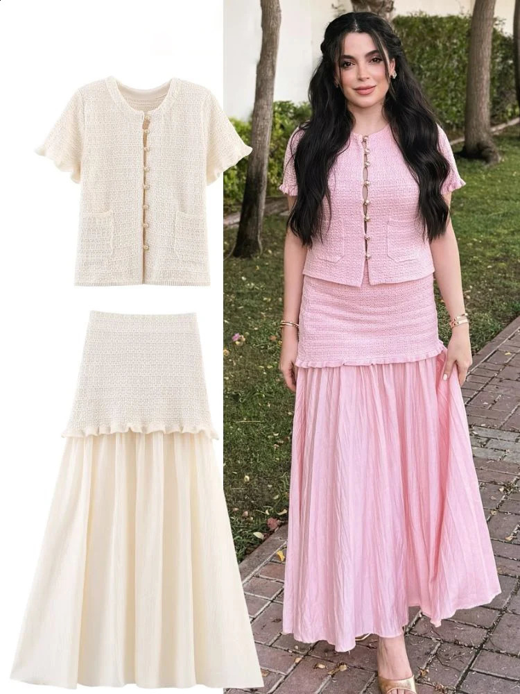 HH Casual Knitted Cardigans Skirts Suits For Women Short Sleeve Knit TopSheath Patchwork Pleated Long Skirt Streetwear 260625