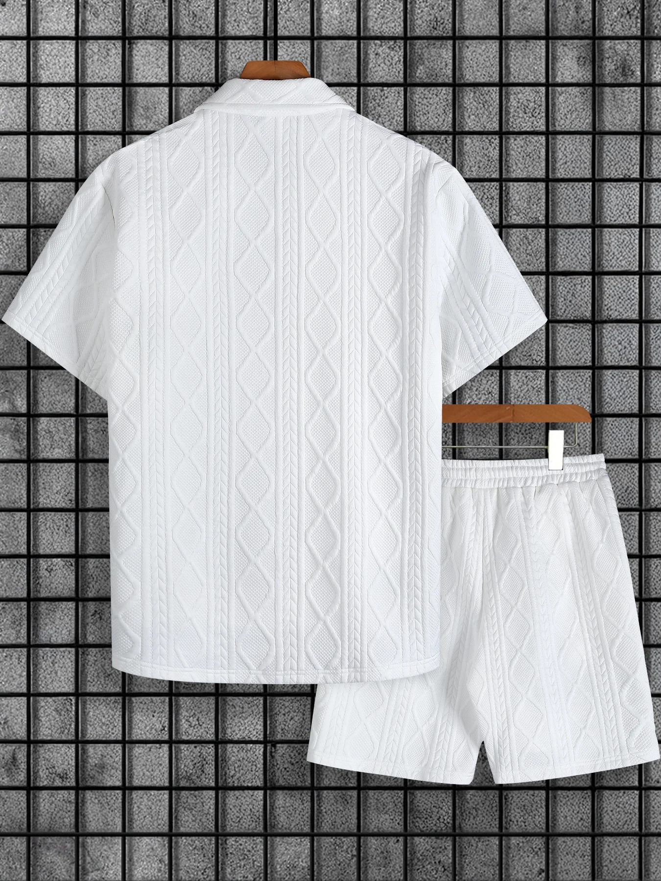Mens White Cable Knit Textured Casual Set 2 Piece Lapel Collar Short Sleeve Shirt Drawstring Shorts Outfit 260618 - view 4