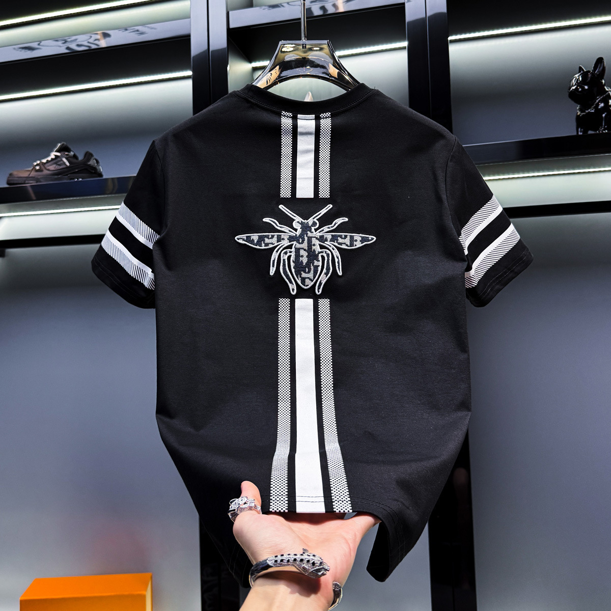 European-Style Men's High-End Striped Embroidered Round-Neck Short-Sleeve T-Shirt, Trendy Brand, New Summer American-Style Half-Sleeve