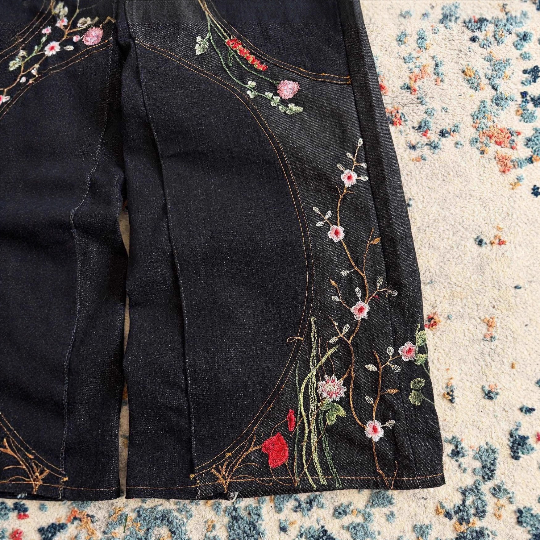 European and American style Y2k loose wide leg patch design, long floral embroidered jeans, men's and women's floor standing fashionable pan - view 4