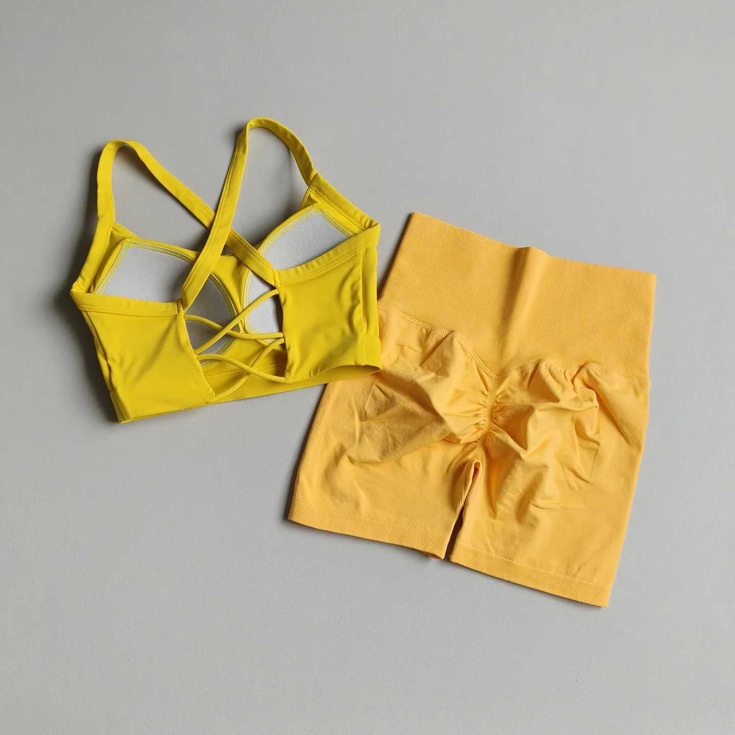 Sports Womens Cross-Yoga Set Bra Bust-Up Shockproof Pilates Training Gym Sports Peach Short Pants Yoga Shorts Set M260626 - view 6