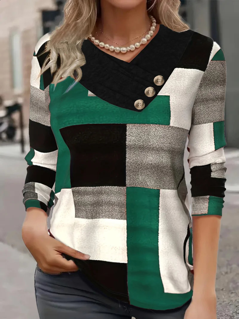 Autumn thin fashion plaid print V-neck button plus size womens long sleeve t-shirt 260626 - view 4