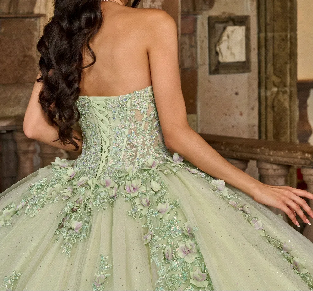 Mint green off-shoulder mesh dress with bow sleeves and beaded floral embellishments, sparkling mesh big ball gown Quinceanera forest-style dress - view 5