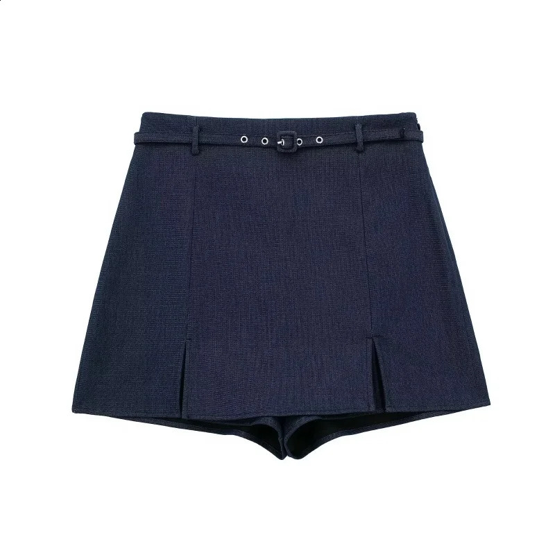Womens Summer Cool Daily Navy Blue Shorts With Matching Decorative Belt School Commute Outfit 260626