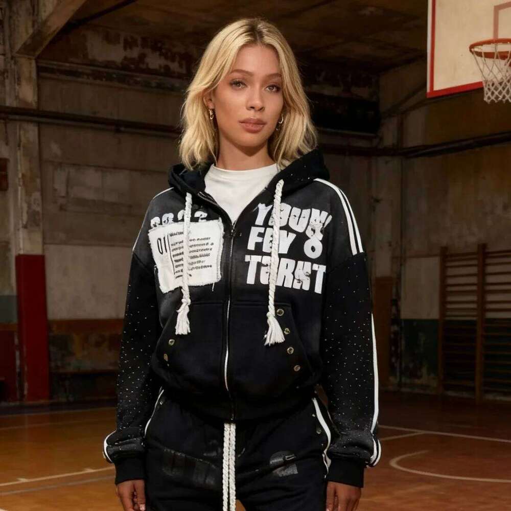 Y2k sportswear men's and women's hip-hop Harajuku retro patch print super large hooded sweatshirt W260626 - view 5
