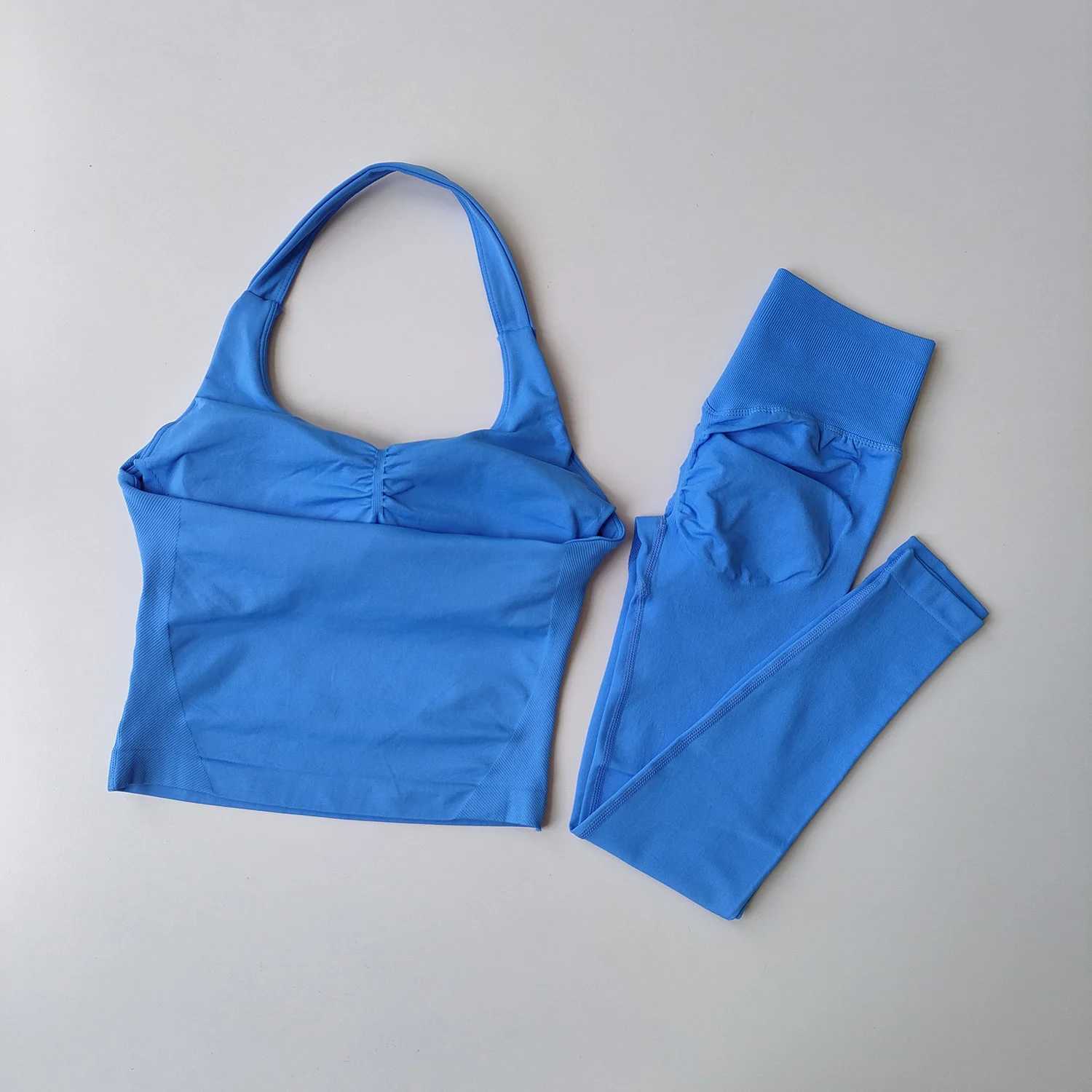 Sexy Halter Neck Beautiful High Waist Peach Sports Bras Leggings Suit Pilates Gathering Yoga Vest Training Fitness Bra Sets M260626 - view 4