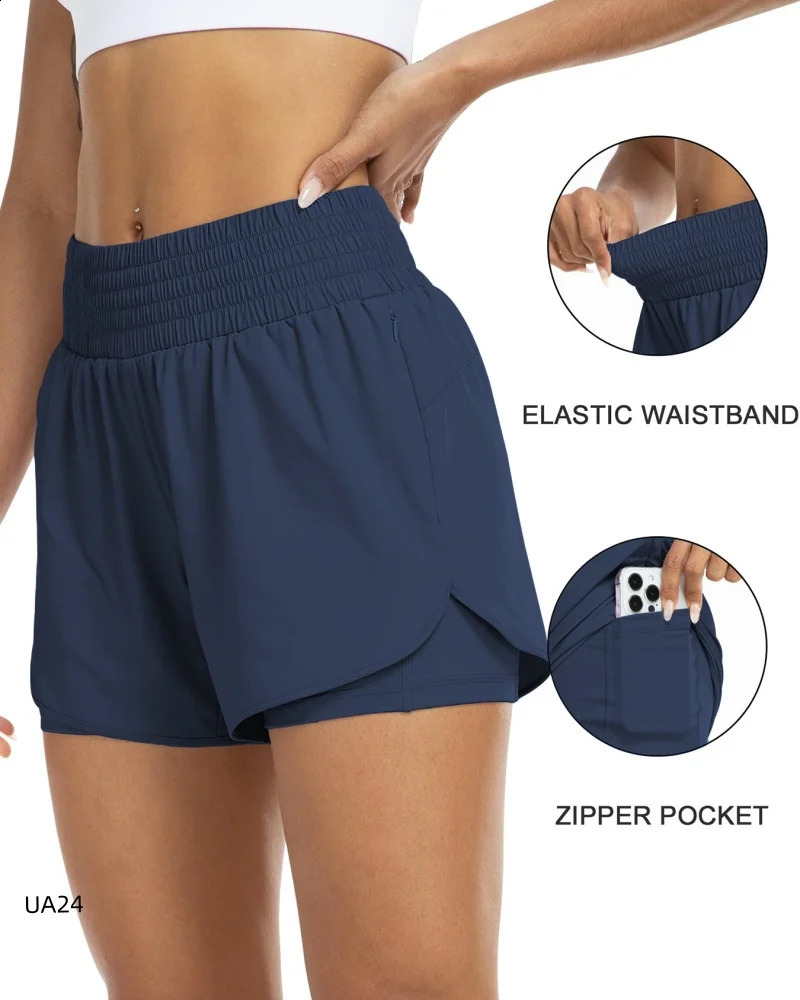 Womens High-Waisted 2-in-1 Quick-Dry Shorts with Zipper Pocket Elastic Waist for Workout Running Gym Yoga Fitness Sportswear 260626